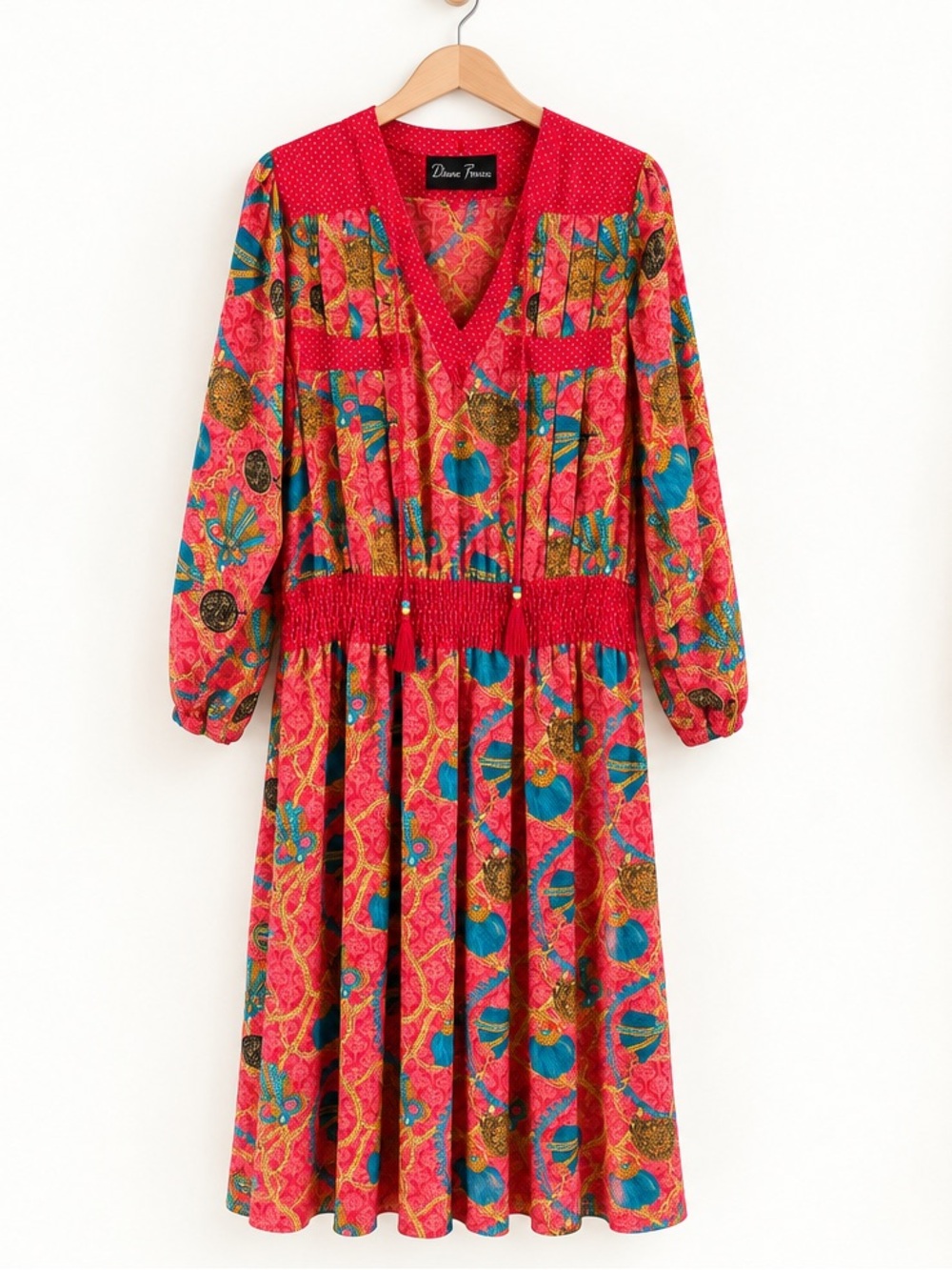 Vintage Diane Freis Petites Georgette Fall Maxi Dress Chain Tassel Floral Print - Picture 6 of 10